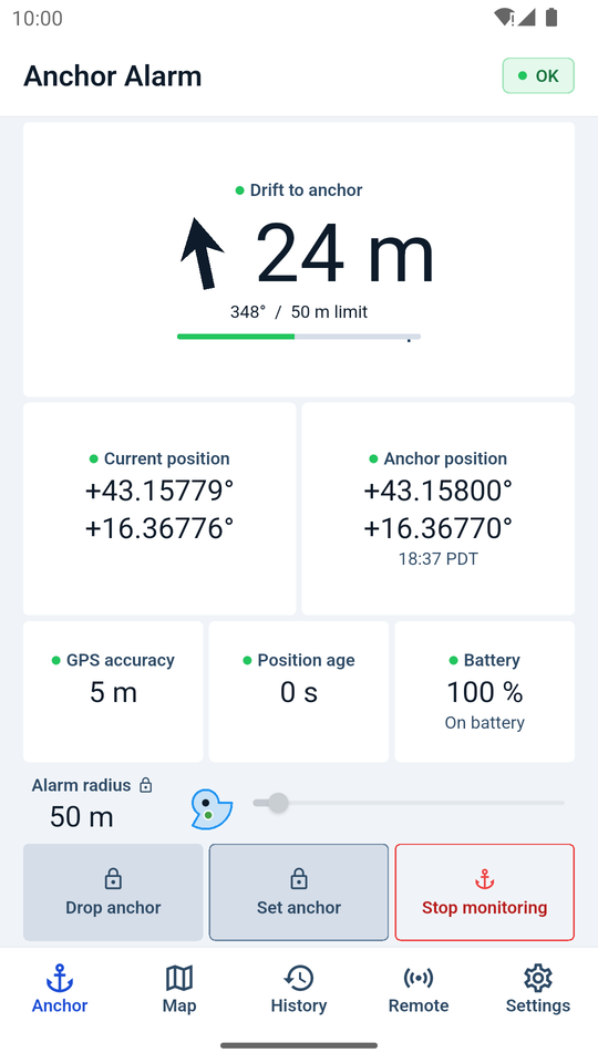 Anchor Alarm dashboard showing 24 m drift to the anchor against a 50 m limit, GPS accuracy, position age and battery, with status OK