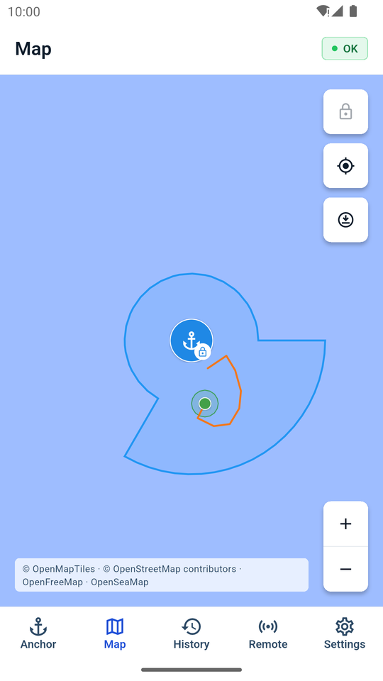 Map showing the anchor and a keyhole-shaped alarm zone with the boat’s track inside it